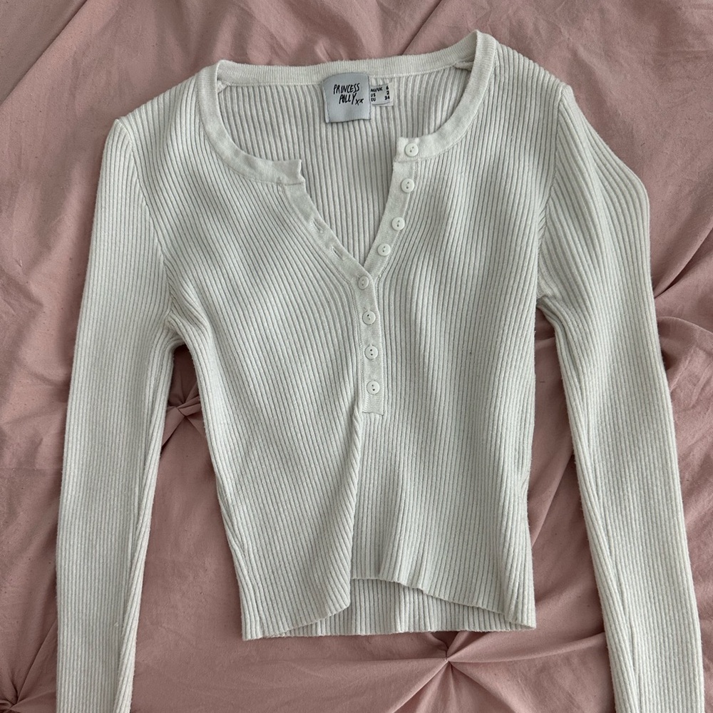 Princess Polly Cream Ribbed Button-Up Top